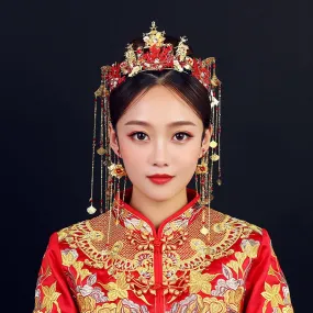 Bridal Red Phoenix Crown Hair Accessories for Chinese Wedding