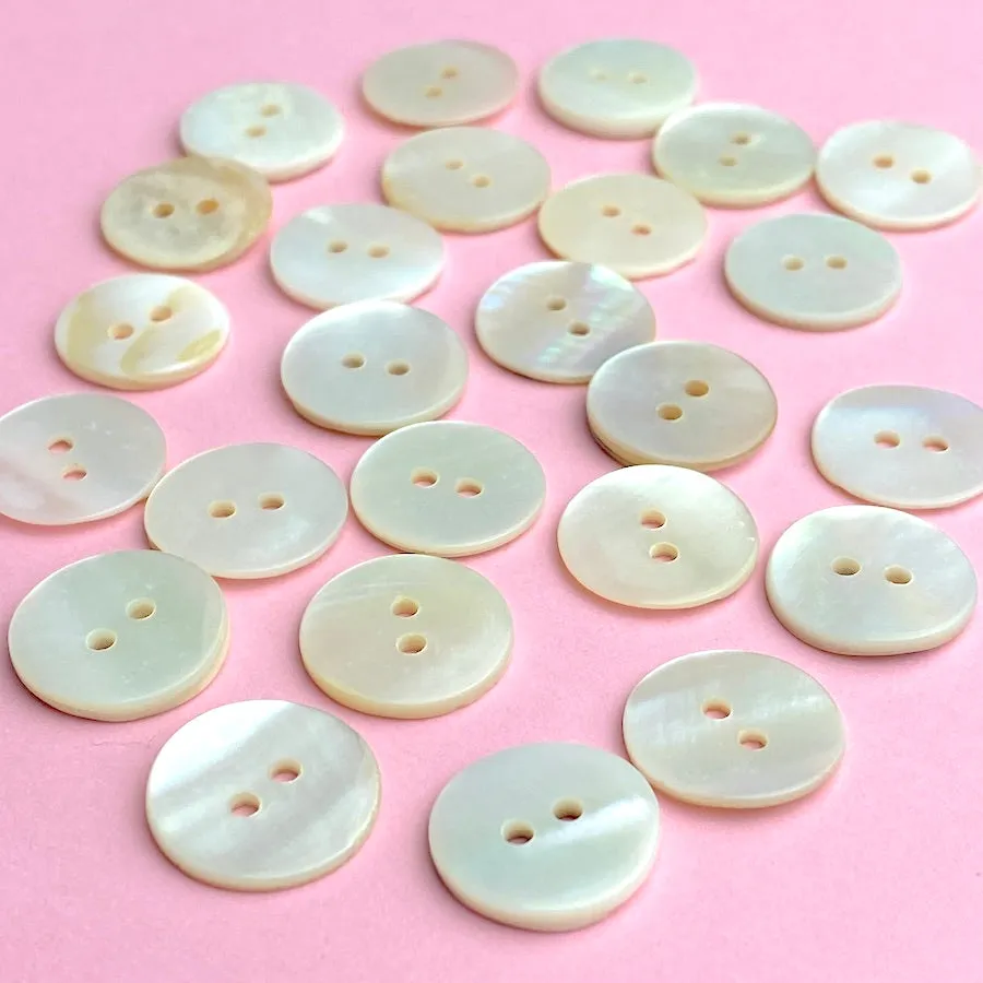 BULK DEAL White/Off-White Pearl Shell, 9/16" Iridescent 2-Hole MOP Button 14mm, Butterscotch Tiger Backs, 500 BUTTONS for $24.00 #LP-46-500