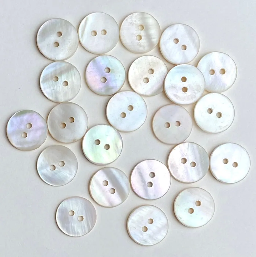 BULK DEAL White/Off-White Pearl Shell, 9/16" Iridescent 2-Hole MOP Button 14mm, Butterscotch Tiger Backs, 500 BUTTONS for $24.00 #LP-46-500