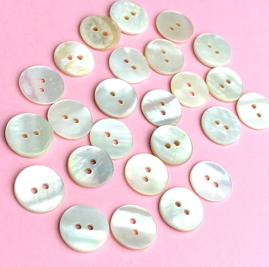 BULK DEAL White/Off-White Pearl Shell, 9/16" Iridescent 2-Hole MOP Button 14mm, Butterscotch Tiger Backs, 500 BUTTONS for $24.00 #LP-46-500