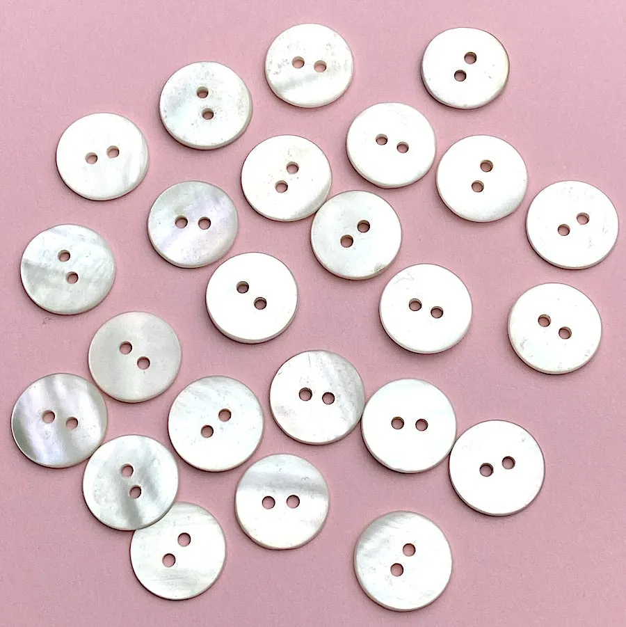 BULK DEAL White/Off-White Pearl Shell, 9/16" Iridescent 2-Hole MOP Button 14mm, Butterscotch Tiger Backs, 500 BUTTONS for $24.00 #LP-46-500