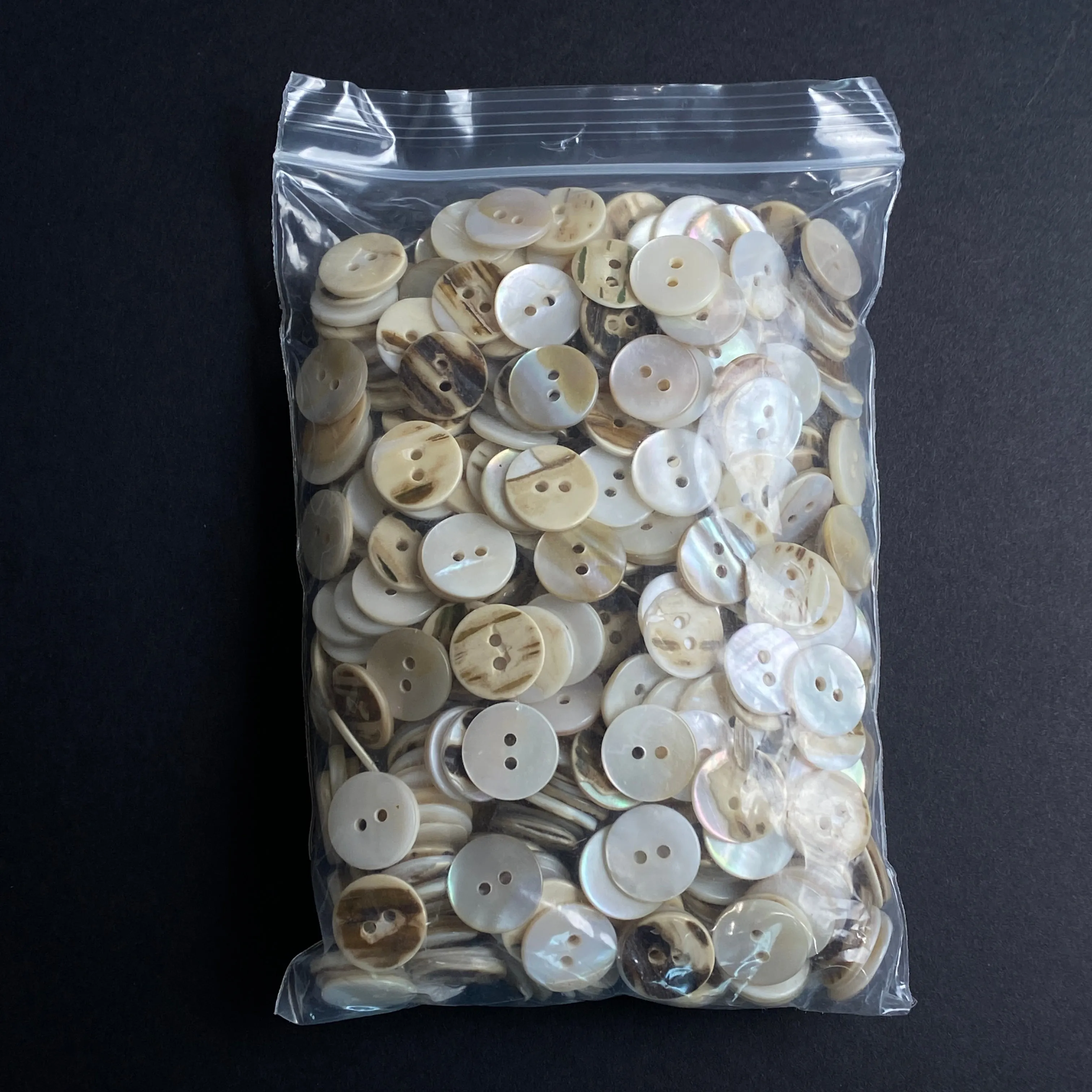 BULK DEAL White/Off-White Pearl Shell, 9/16" Iridescent 2-Hole MOP Button 14mm, Butterscotch Tiger Backs, 500 BUTTONS for $24.00 #LP-46-500