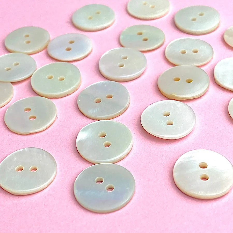 BULK DEAL White/Off-White Pearl Shell, 9/16" Iridescent 2-Hole MOP Button 14mm, Butterscotch Tiger Backs, 500 BUTTONS for $24.00 #LP-46-500