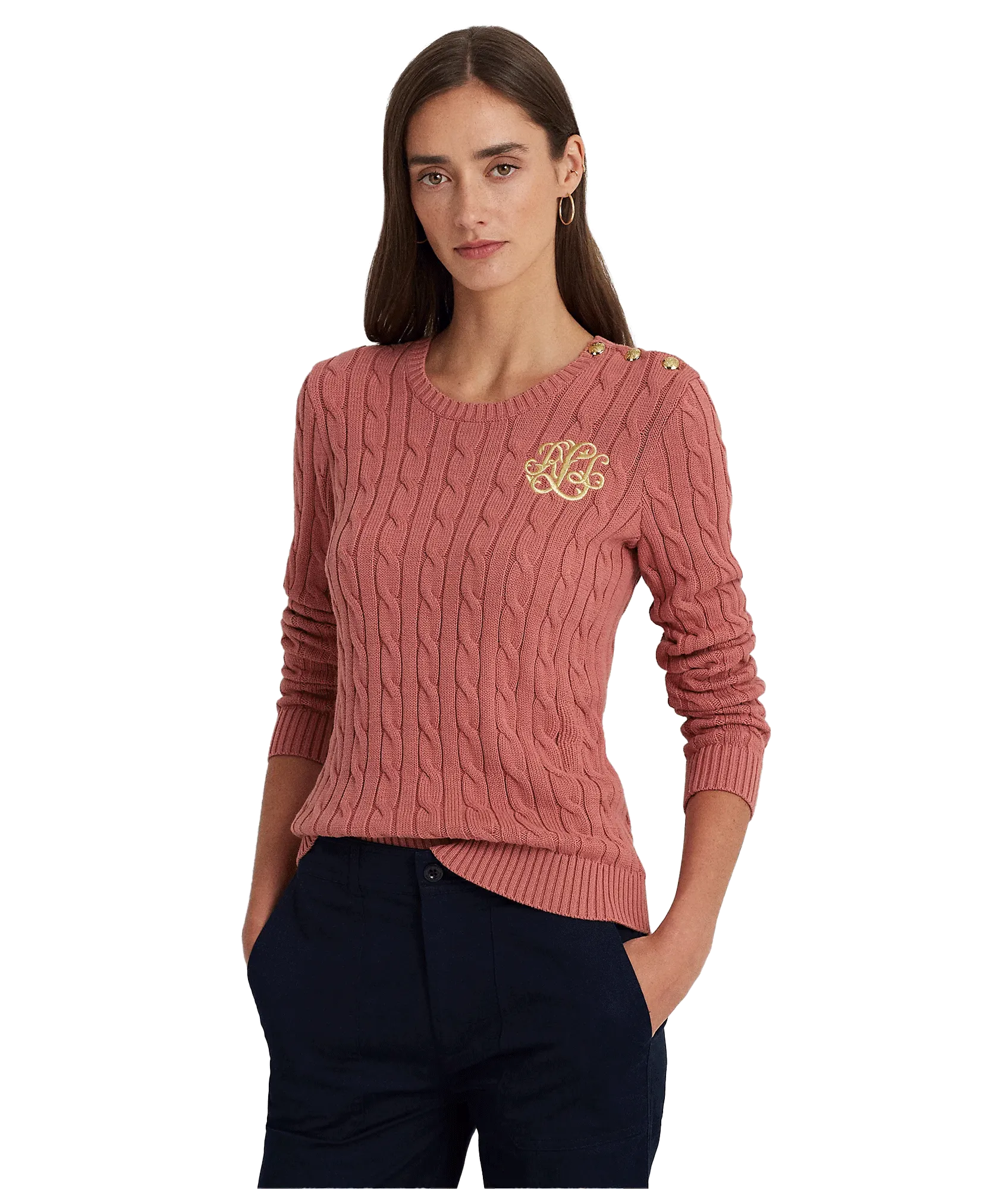 Button-Trim Cable-Knit Cotton Jumper - Pink