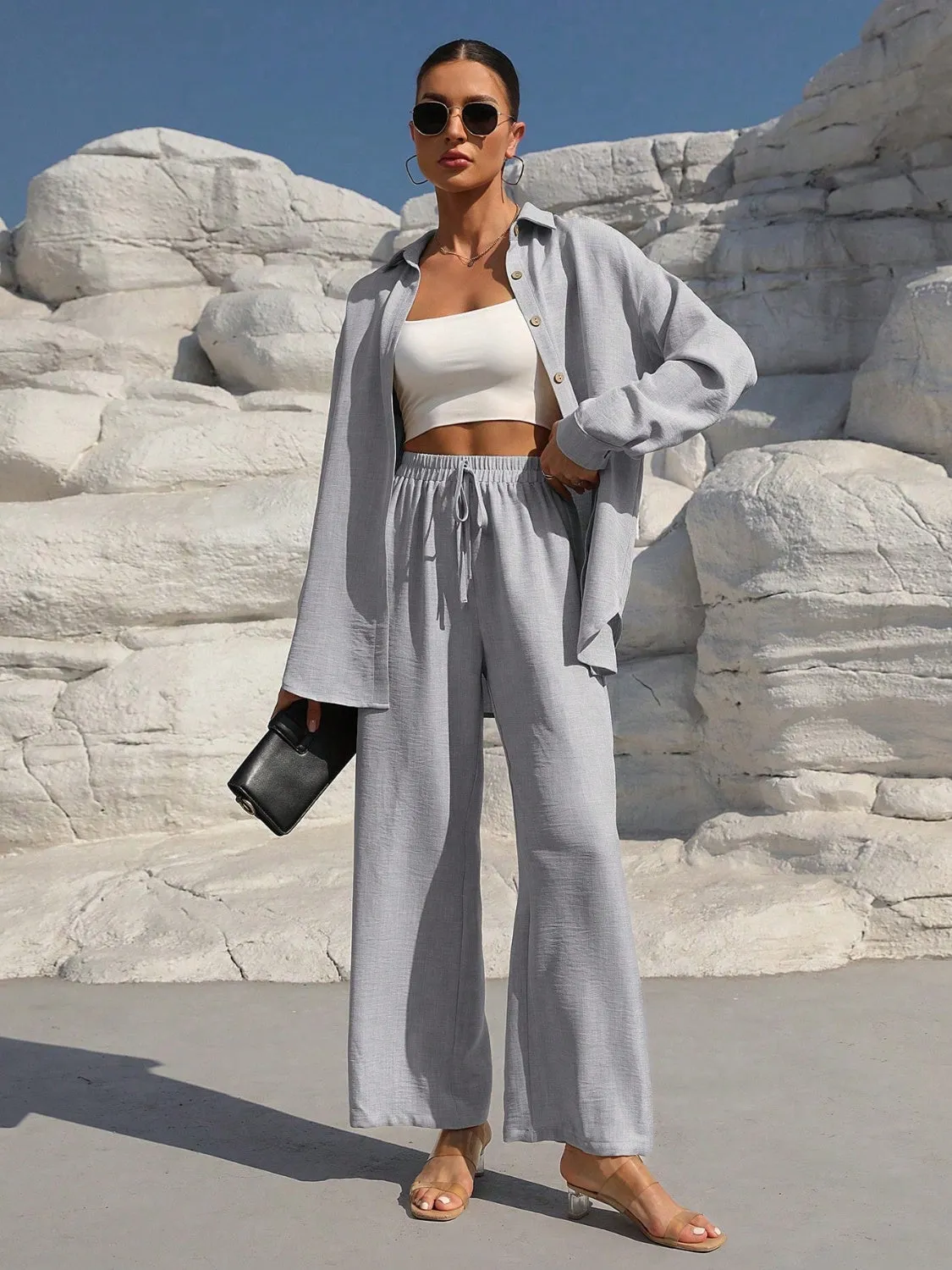 Button Up Long Sleeve Top and Pants Set