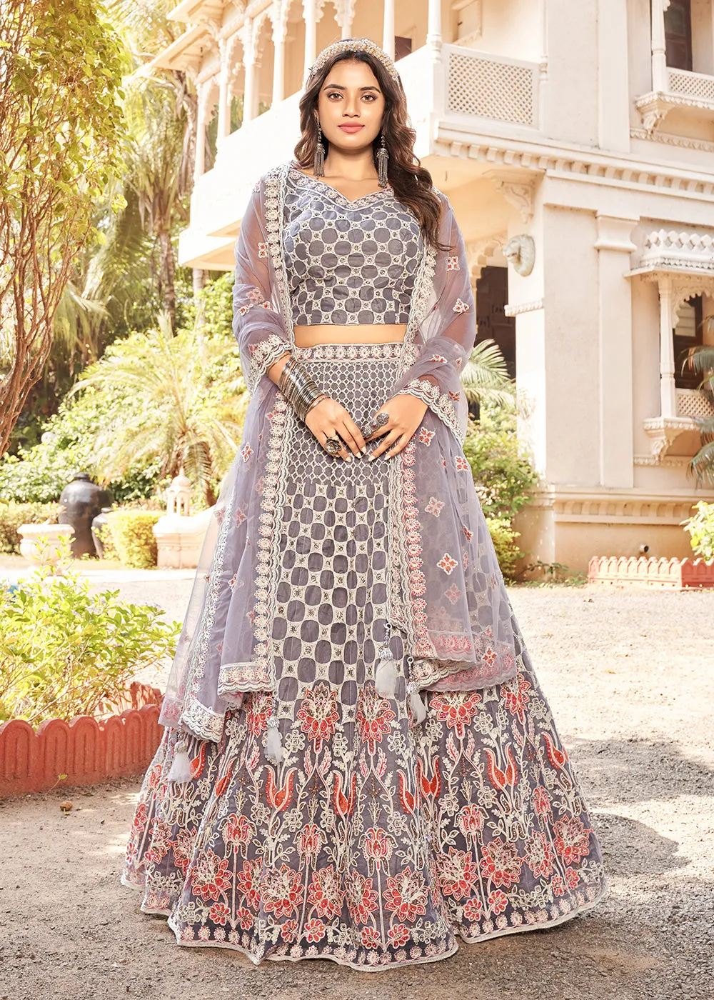 Charming Grey Premium Net Designer Wedding Lehenga Choli