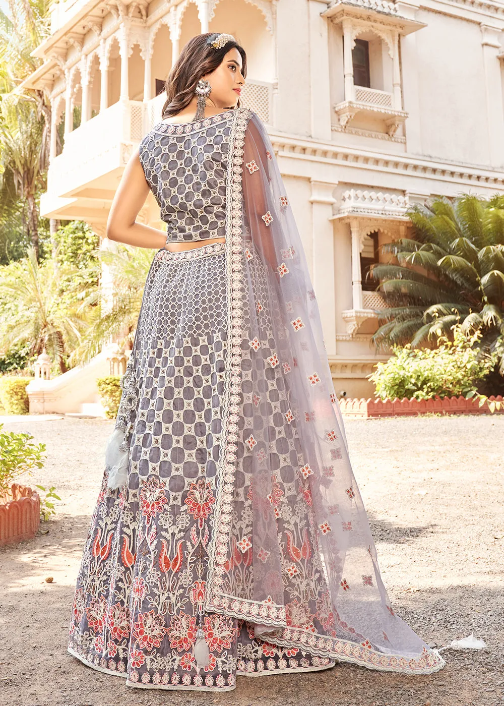 Charming Grey Premium Net Designer Wedding Lehenga Choli