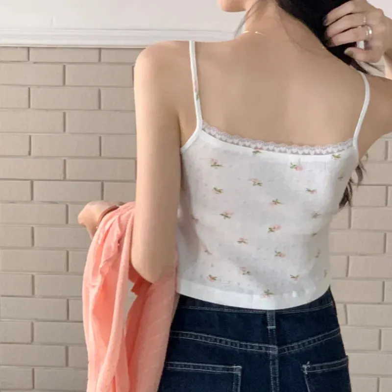 Chic Lace Floral Print Tank Top Women Cropped Tops Cute Girls Tank Top