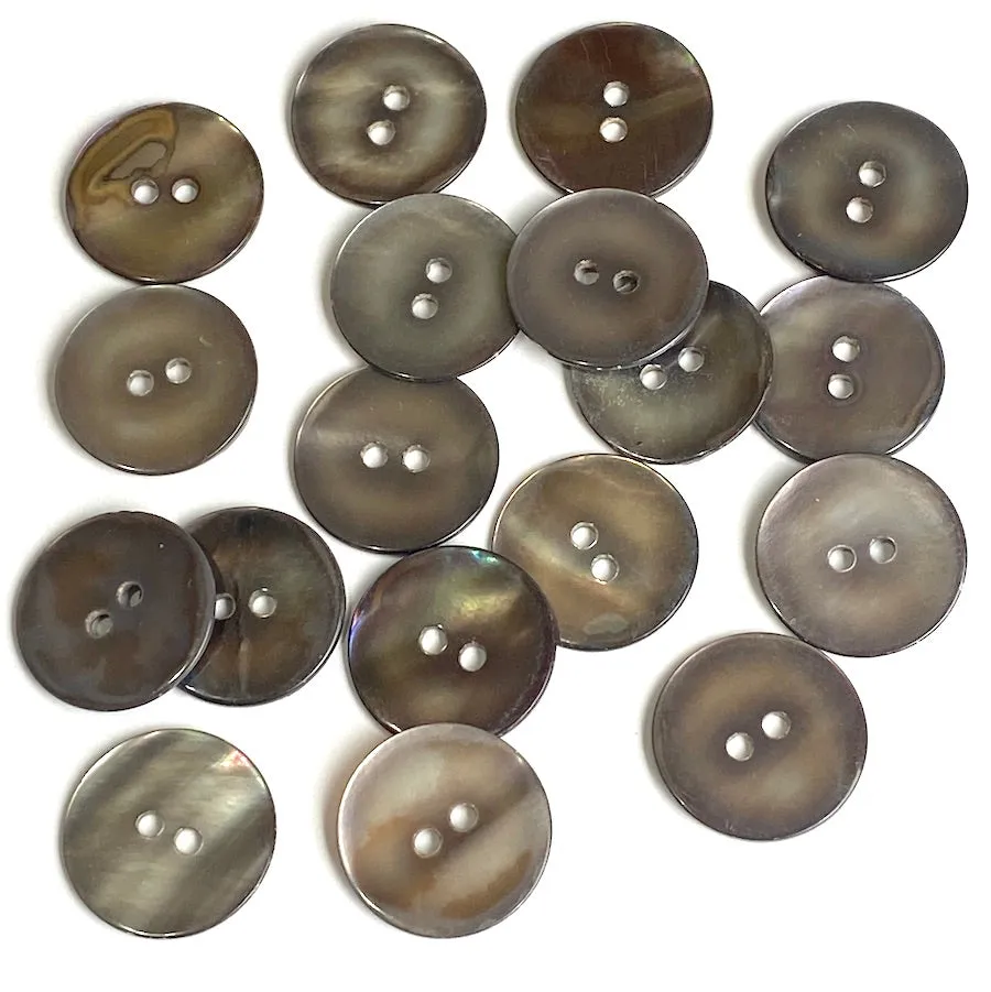 Chocolate Gray Silvery Melange Pearl Shell, 11/16", Semi-Rustic, 17mm 2-Hole, TWENTY THREE Buttons   #LP-58-23