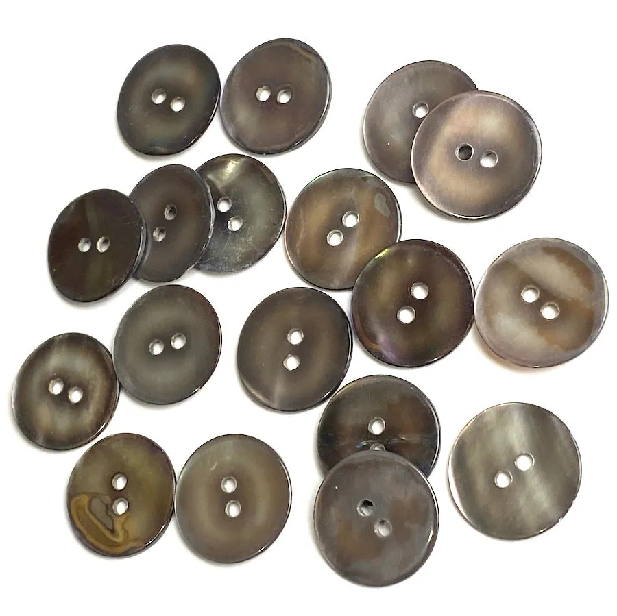 Chocolate Gray Silvery Melange Pearl Shell, 11/16", Semi-Rustic, 17mm 2-Hole, TWENTY THREE Buttons   #LP-58-23