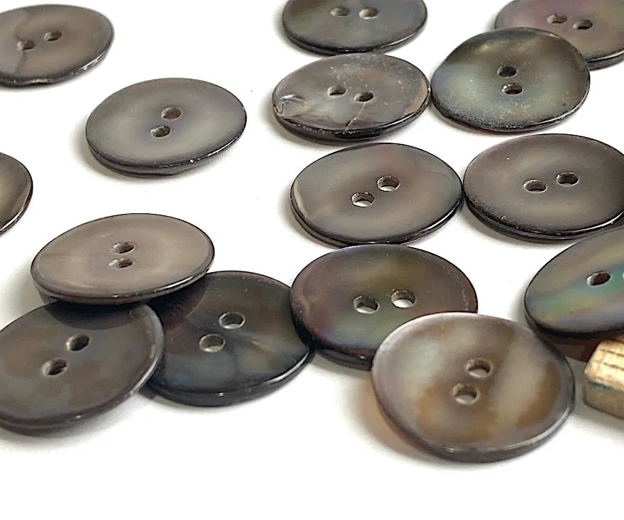 Chocolate Gray Silvery Melange Pearl Shell, 11/16", Semi-Rustic, 17mm 2-Hole, TWENTY THREE Buttons   #LP-58-23