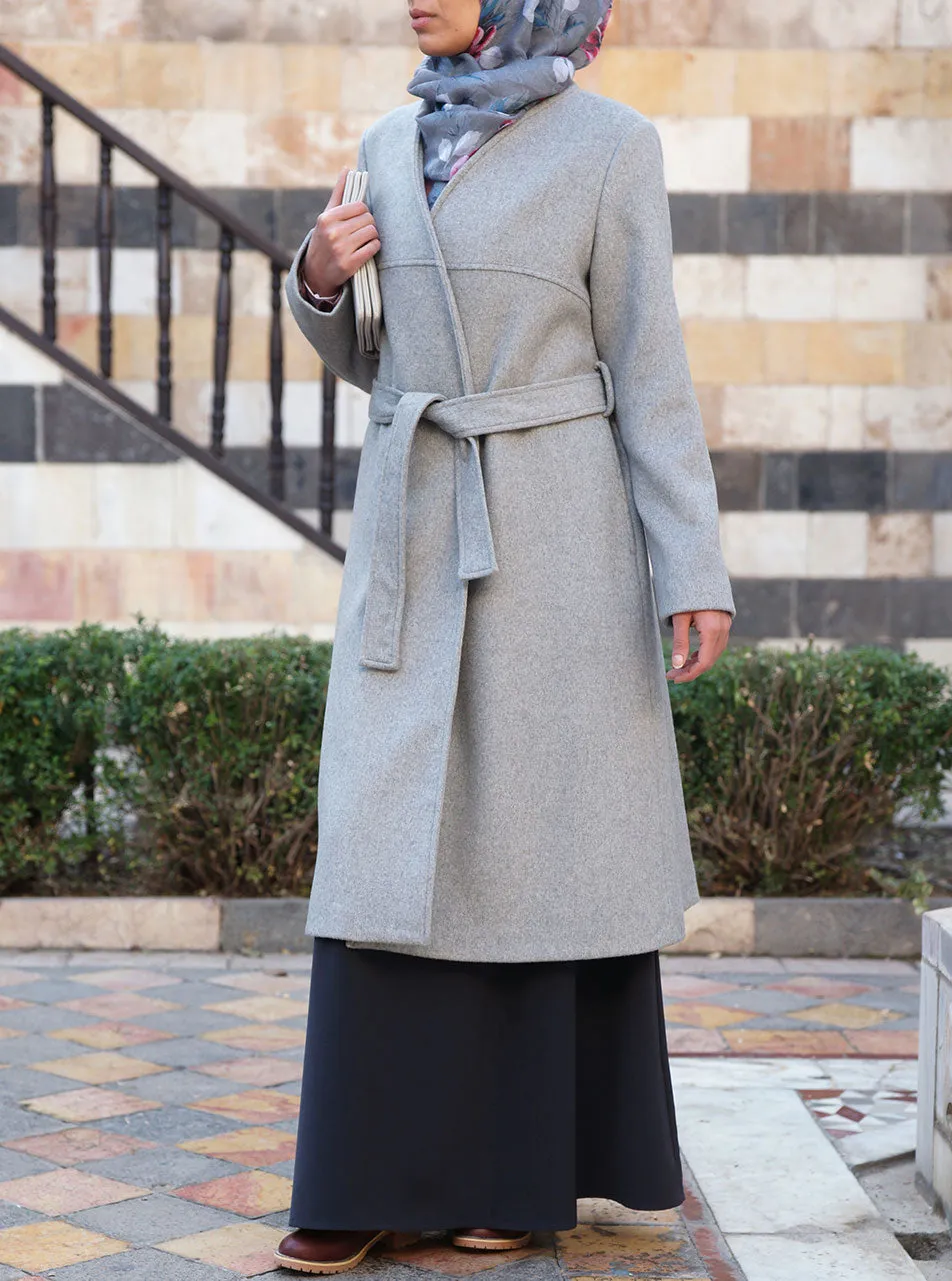 Collarless Belt Tie Wool Coat