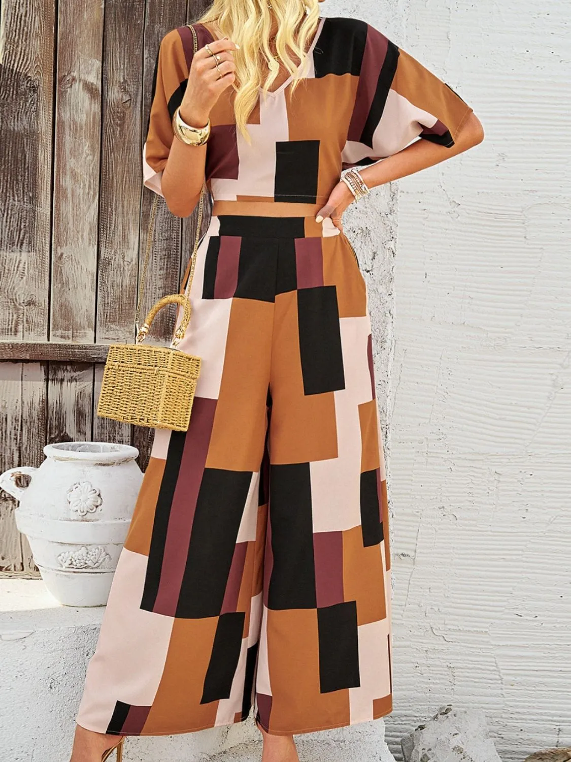 Color Block V-Neck Top and Wide Leg Pants Set