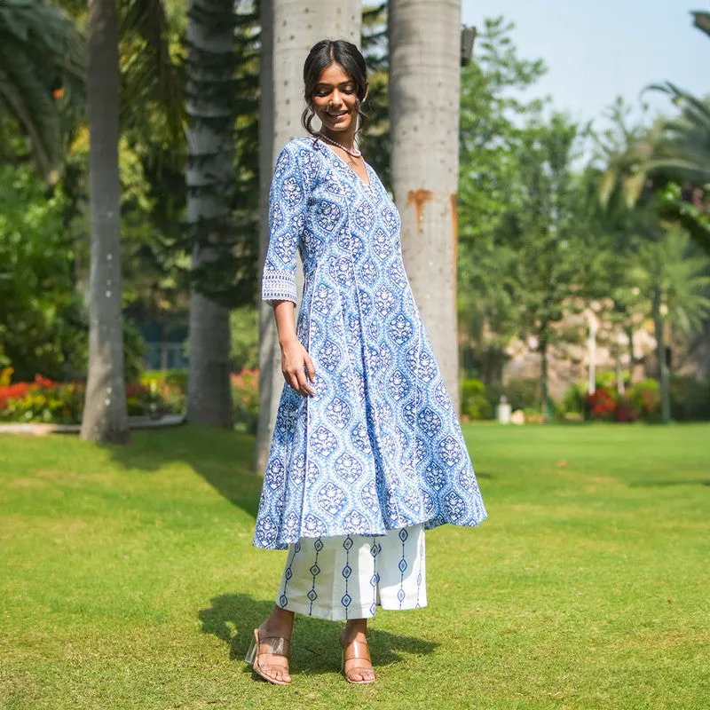 Cotton Flared Kurta Set for Women | Blue | Hand Embroidery