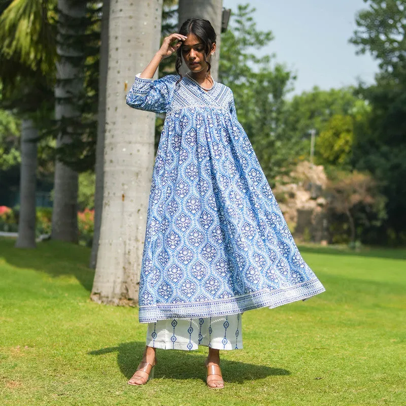 Cotton Flared Kurta Set for Women | Blue | Hand Embroidery