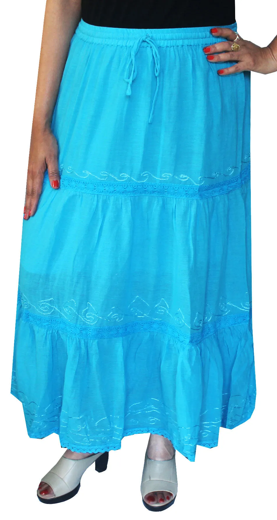 Cotton Solid Embroidered Skirt Womens Indian Clothing (Blue)