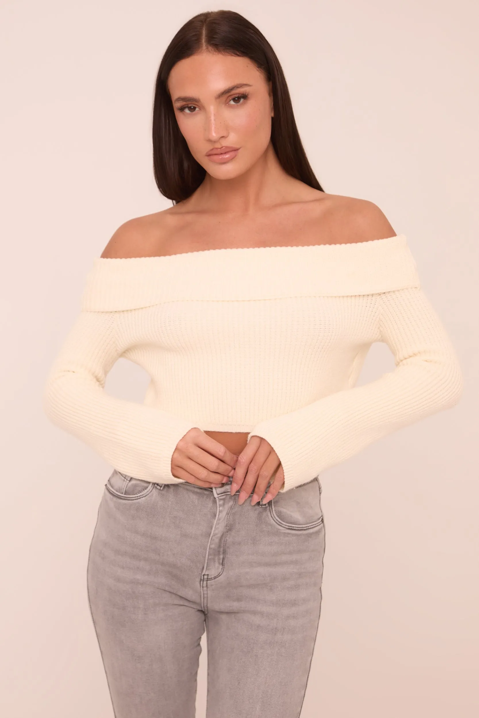 Cream Knit Bardot Long sleeves Cropped Jumper Top - Roberta