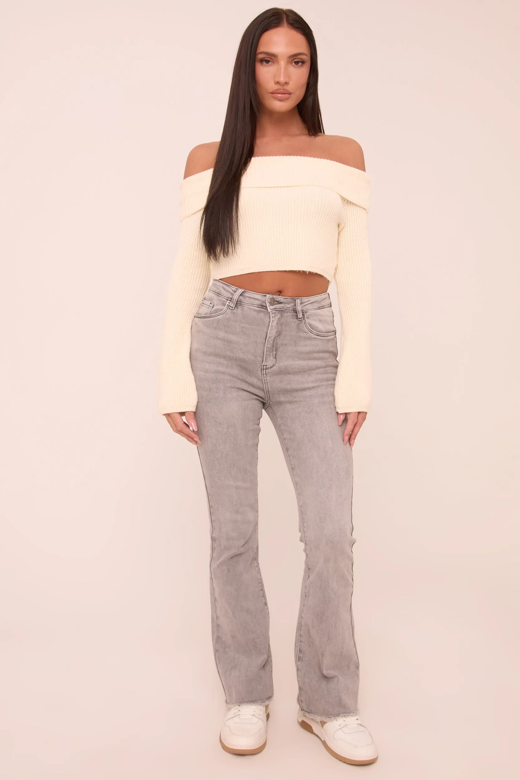 Cream Knit Bardot Long sleeves Cropped Jumper Top - Roberta