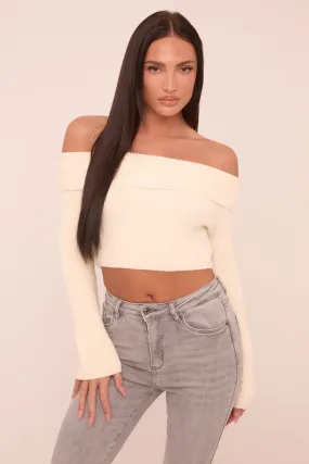 Cream Knit Bardot Long sleeves Cropped Jumper Top - Roberta