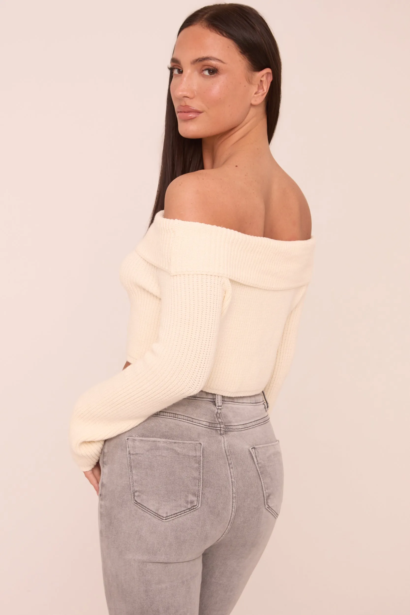 Cream Knit Bardot Long sleeves Cropped Jumper Top - Roberta