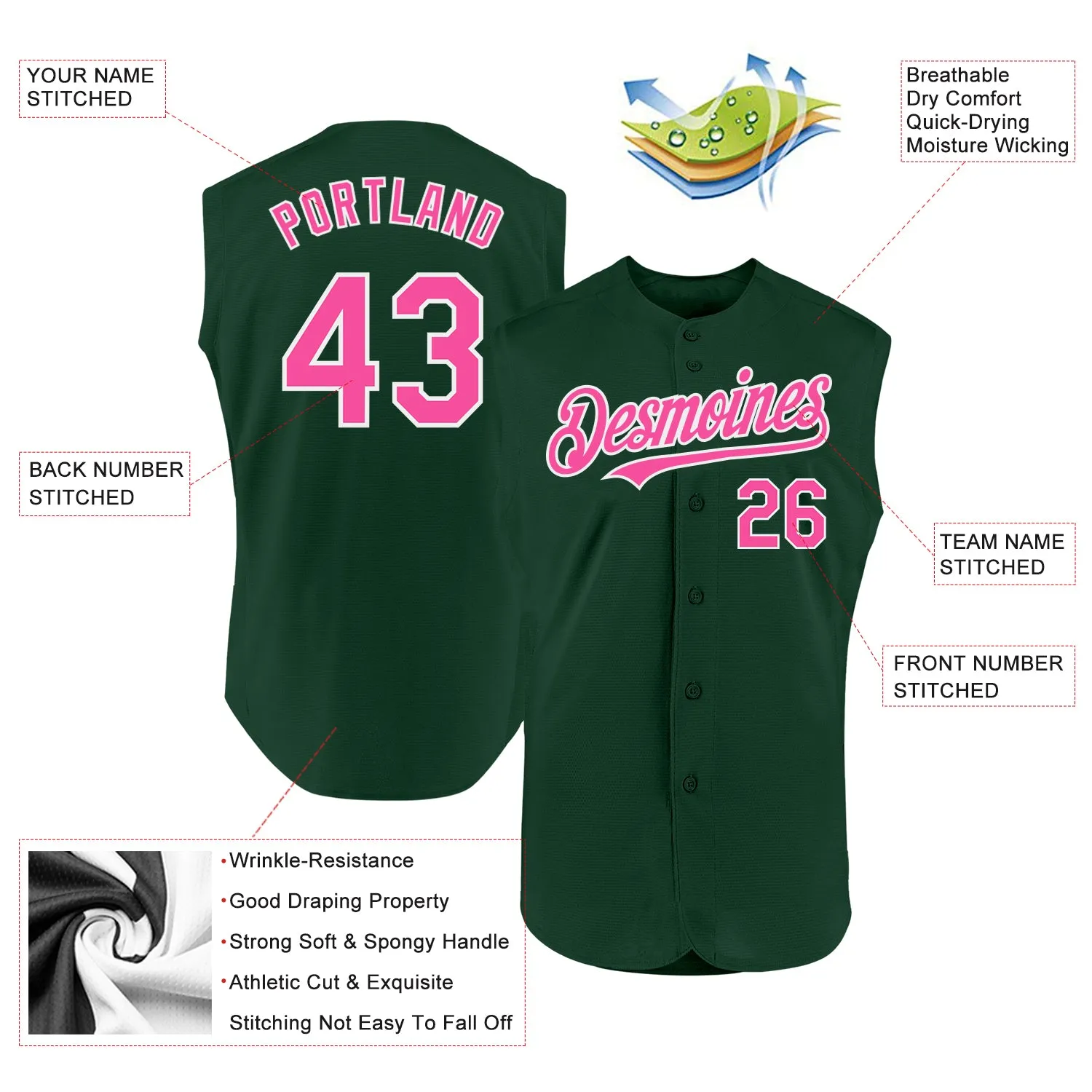 Custom Green Pink-White Authentic Sleeveless Baseball Jersey