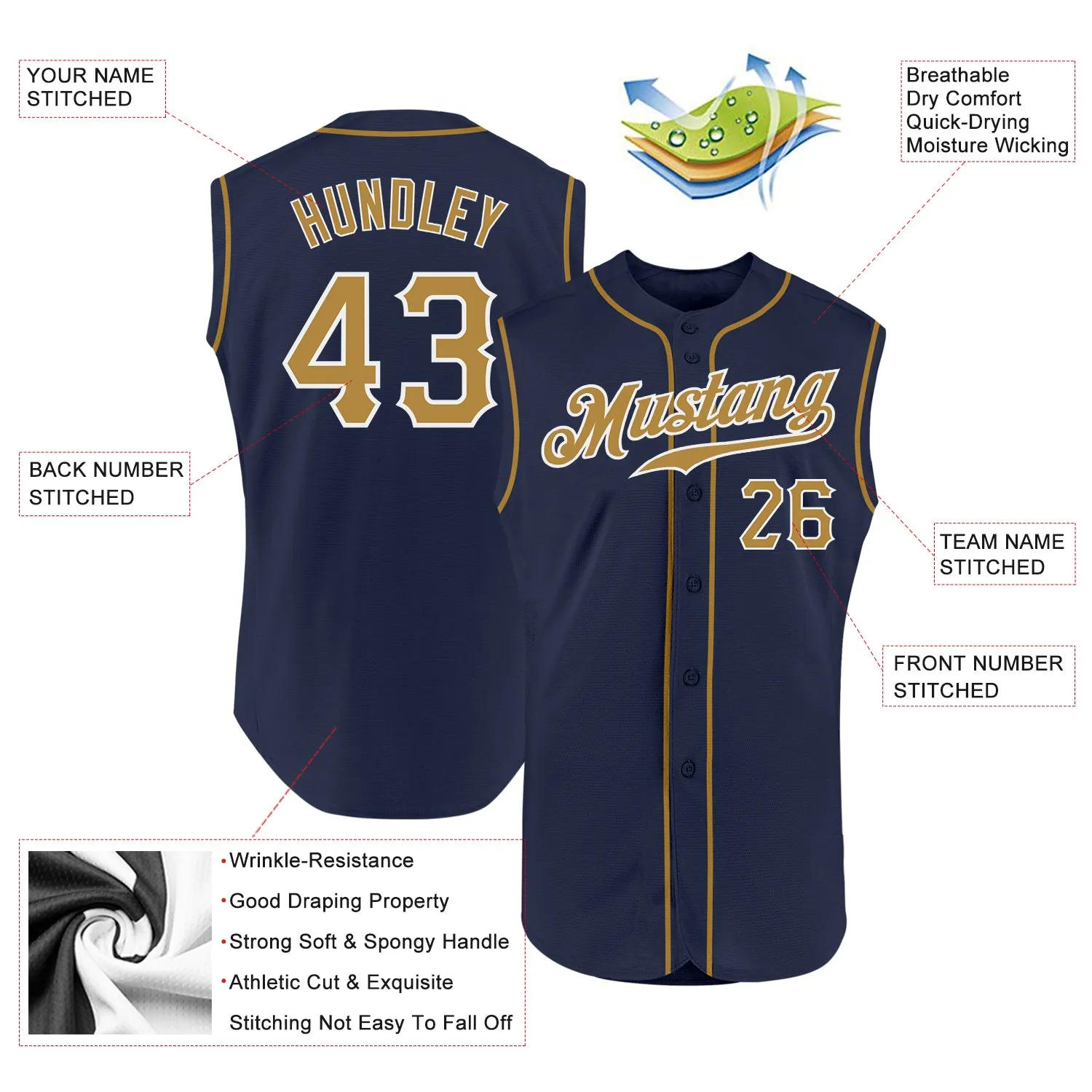 Custom Navy Old Gold-White Authentic Sleeveless Baseball Jersey