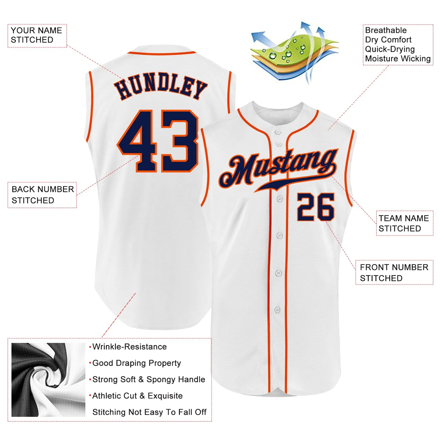 Custom White Navy-Orange Authentic Sleeveless Baseball Jersey