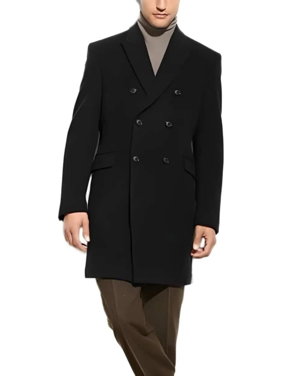 Double Breasted Black 3/4 Length Wool Cashmere Blend Overcoat Top Coat