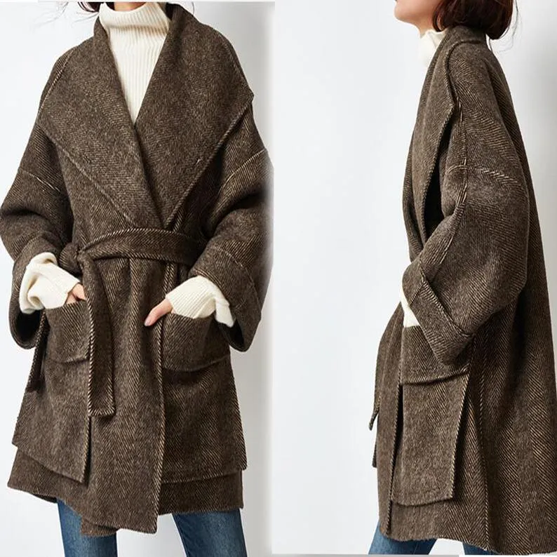 Double Face Women Coat ,Loose Wool Women Coat,Wool Coat Jacket With Waist Belt  10959