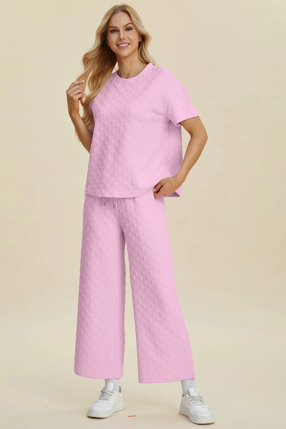 Double Take Full Size Texture Round Neck Short Sleeve Top and Pants Set