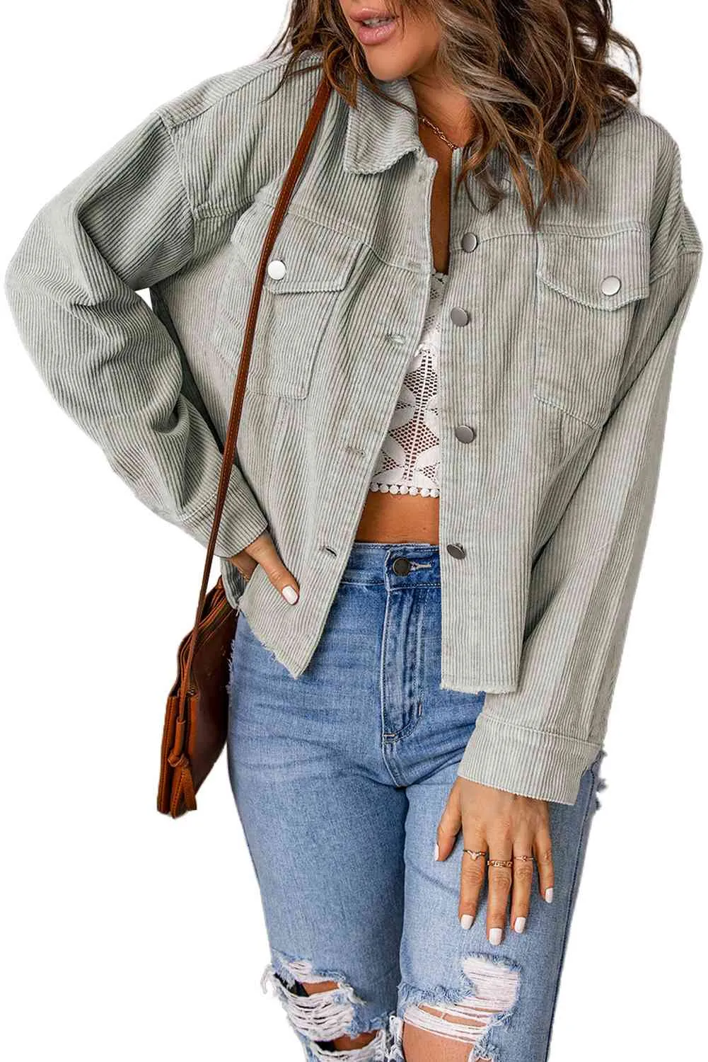 Double Take Raw Hem Button Down Corduroy Jacket with Pockets