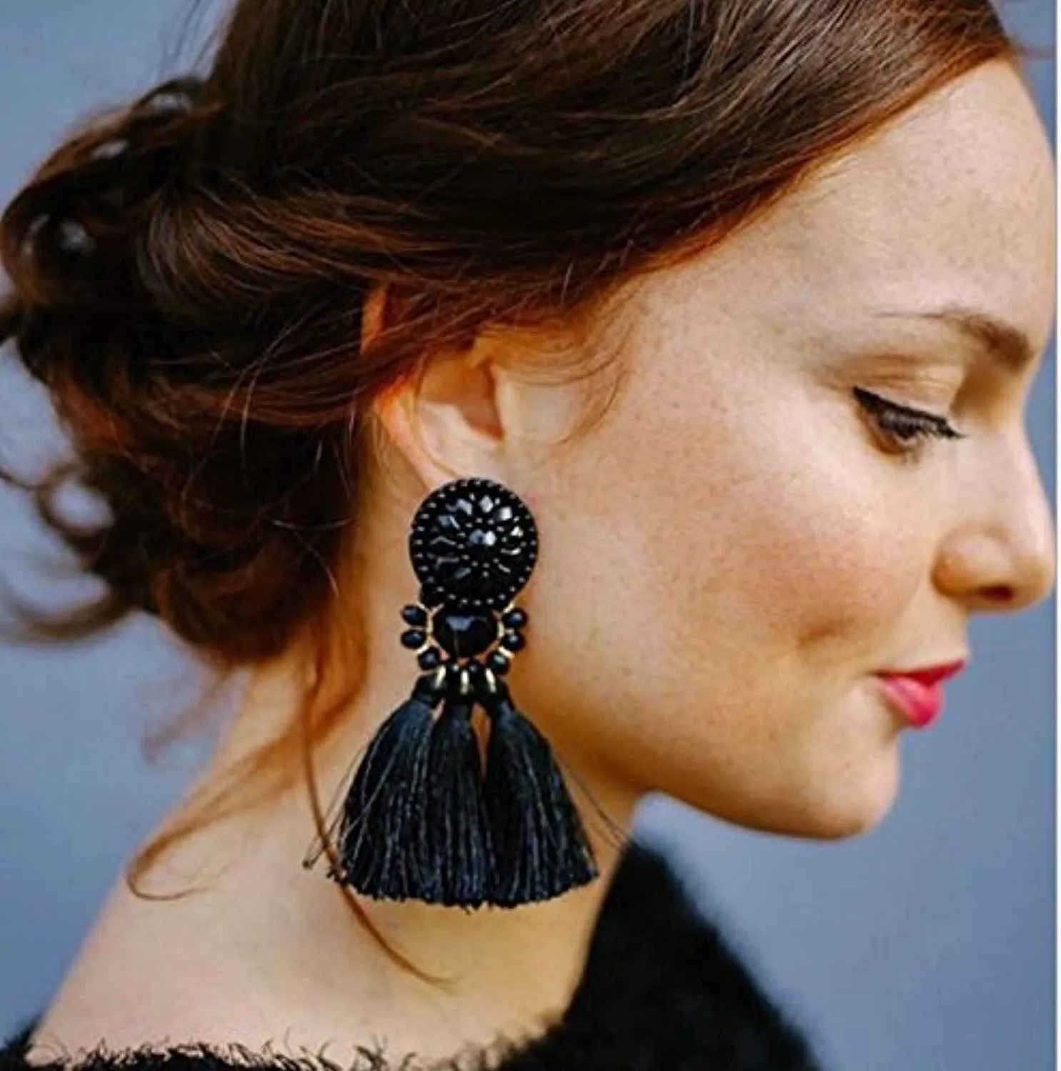 Electomania Bohemian Tassel Stylish Fancy Party Wear Earrings for Women & Girls 1 Pair (Black)