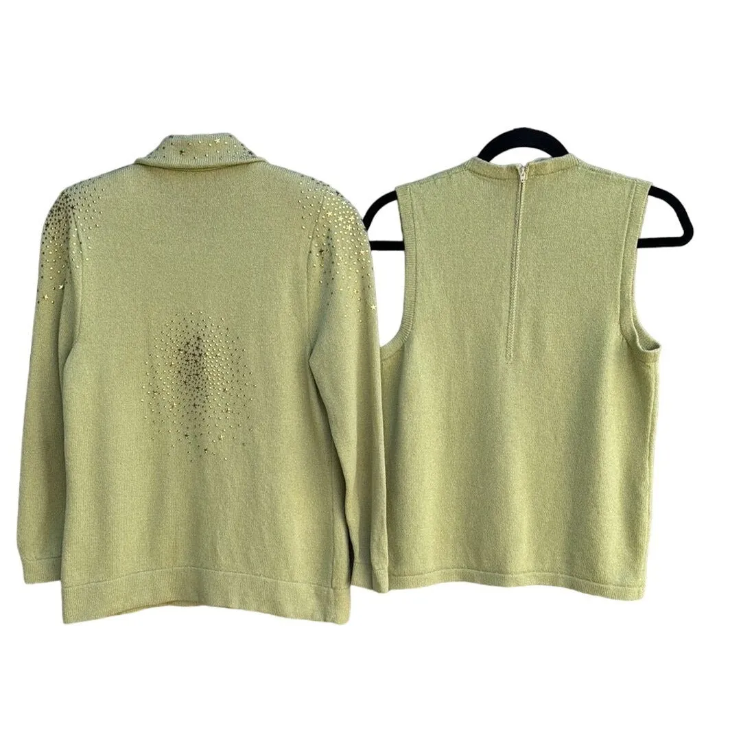 Elisabeth Custom Knits Light Green Sweater Set With Gold Star Embellishments - M