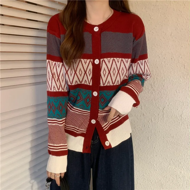 Fashion Argyle Plaid Women Cardigan Sweater Casual O Neck New 2022 Long Sleeve Knit Cardigans Red Korean Loose Fall Coats