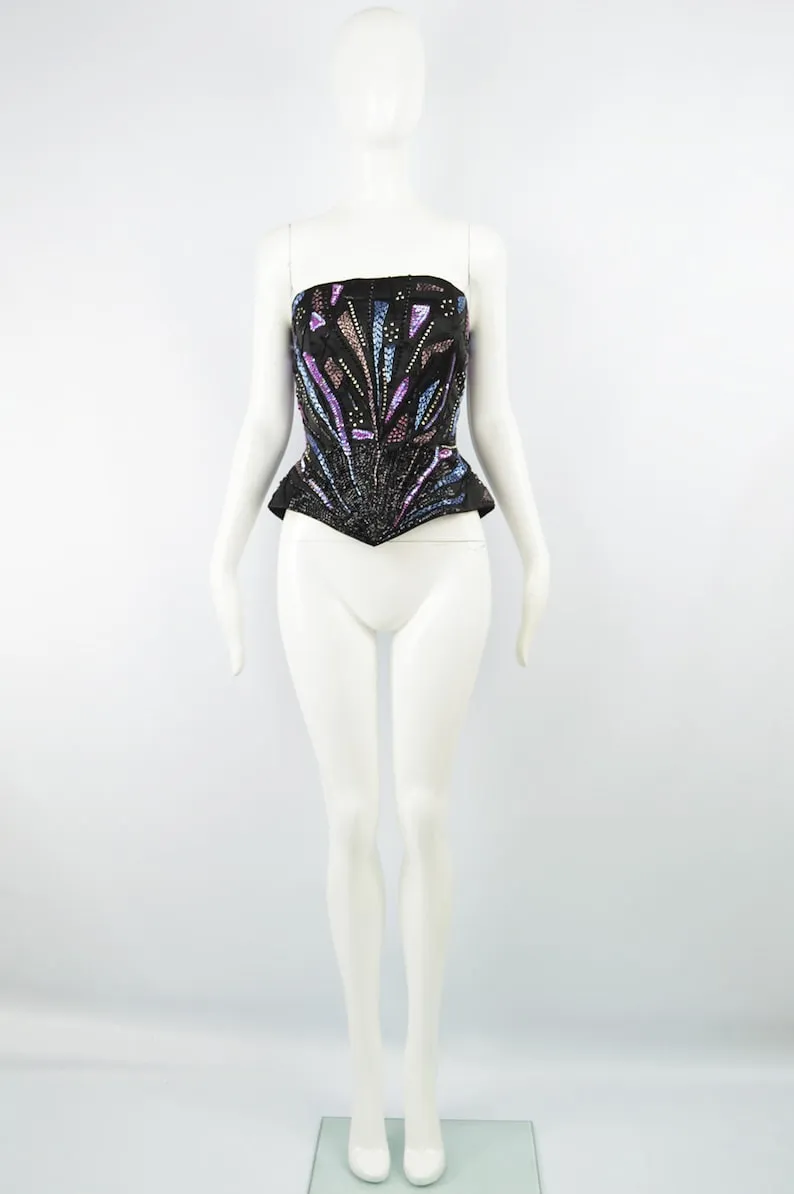 Franka London Couture Beaded Satin Corset Top, 1980s