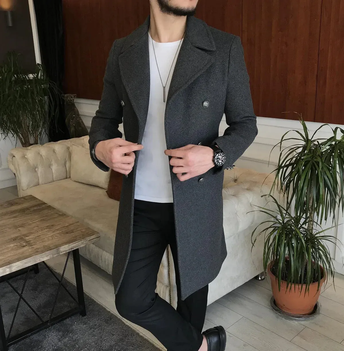 Frost Slim Fit Dark Grey Double Breasted Wool Coat by ITALIAN VEGA®