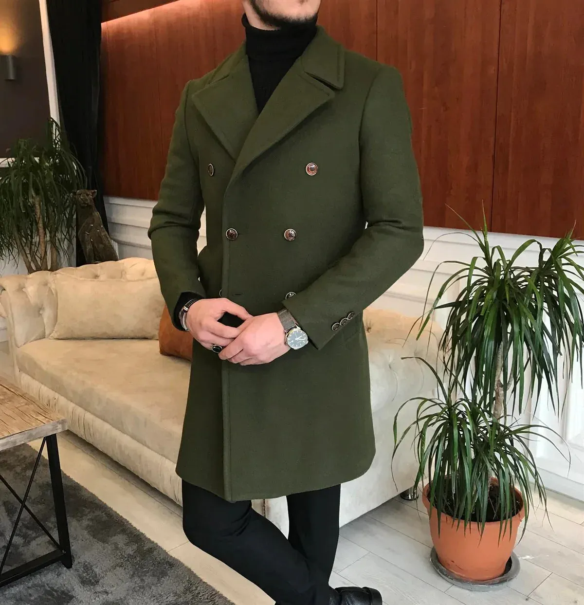 Frost Slim Fit Green Double Breasted Wool Coat