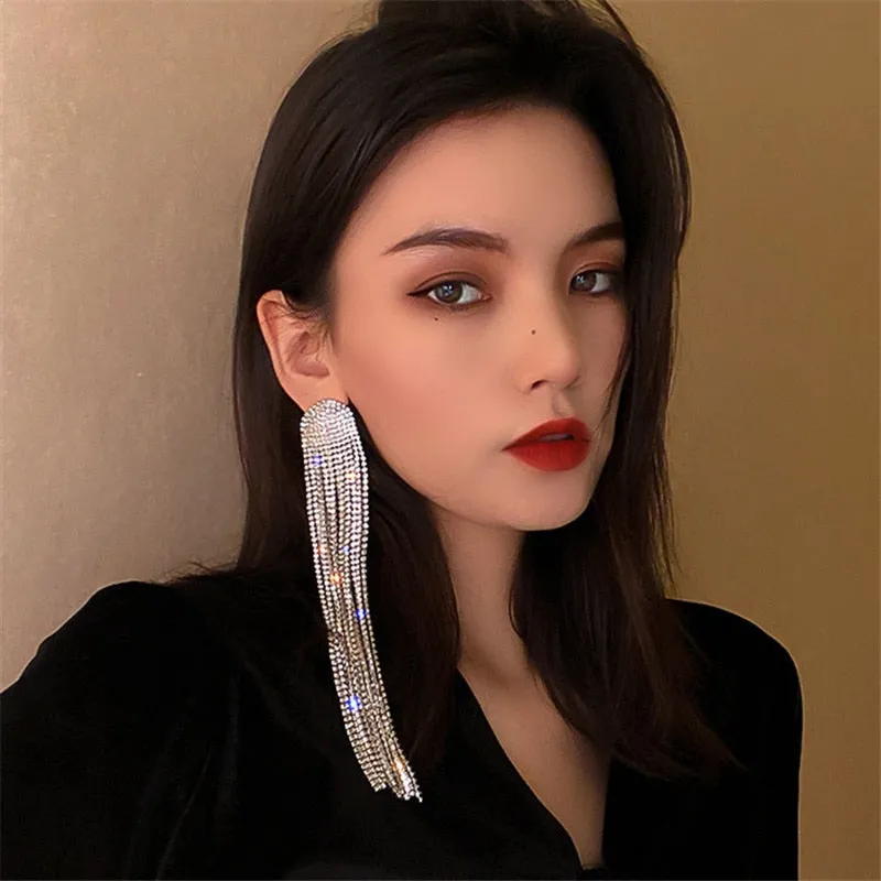 FYUAN Long Tassel Full Rhinestone Drop Earrings for Women Ovsize Crystal Dangle Earrings Fashion Jewelry Accessories