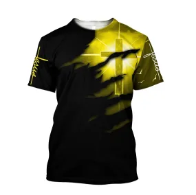 Glowing Light Cross Black And Yeallow Color Jesus Unisex Shirts - Christian 3d Shirts For Men Women