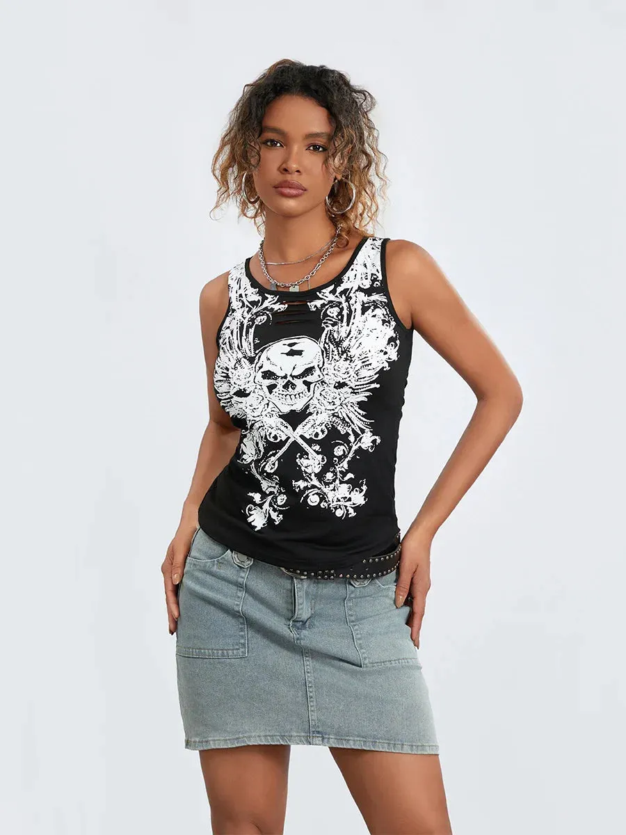 Goth Running Hollow-Out Fairy Crop Grunge Skull Sleeveless Print Summer Tank Top