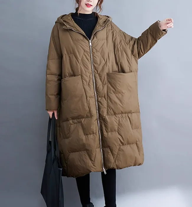 Green Hooded Loose Long Irregular Winter Women Down Jacket AMT1008