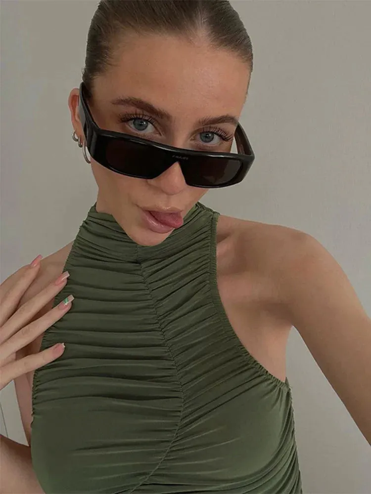 Green Sleeveless Ruched Tubes Cropped Party Clubwear Sexy Women Slim Fit Tank Y2K Summer Solid Mini Vest New Top