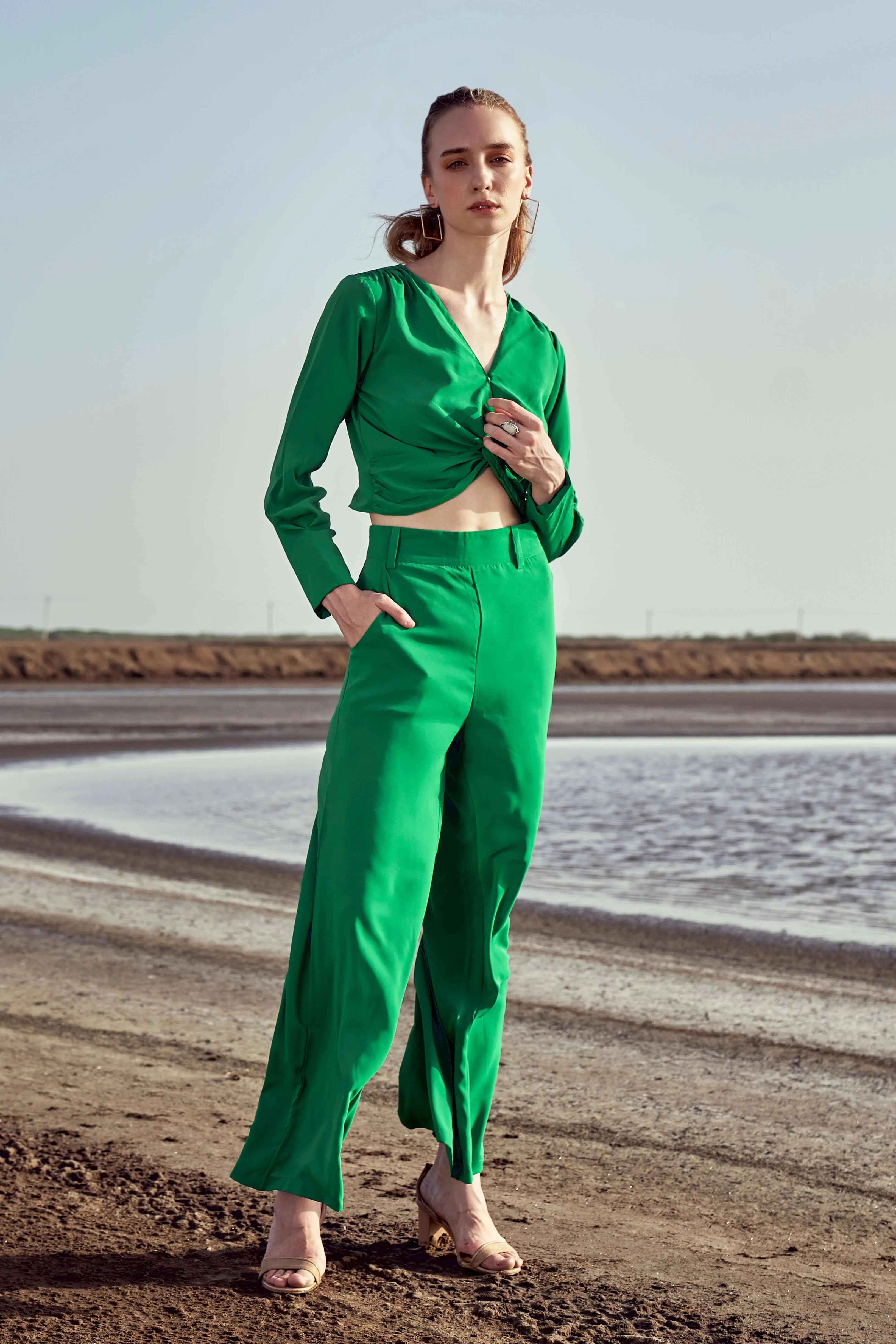 Green Wide Leg Flared Trouser