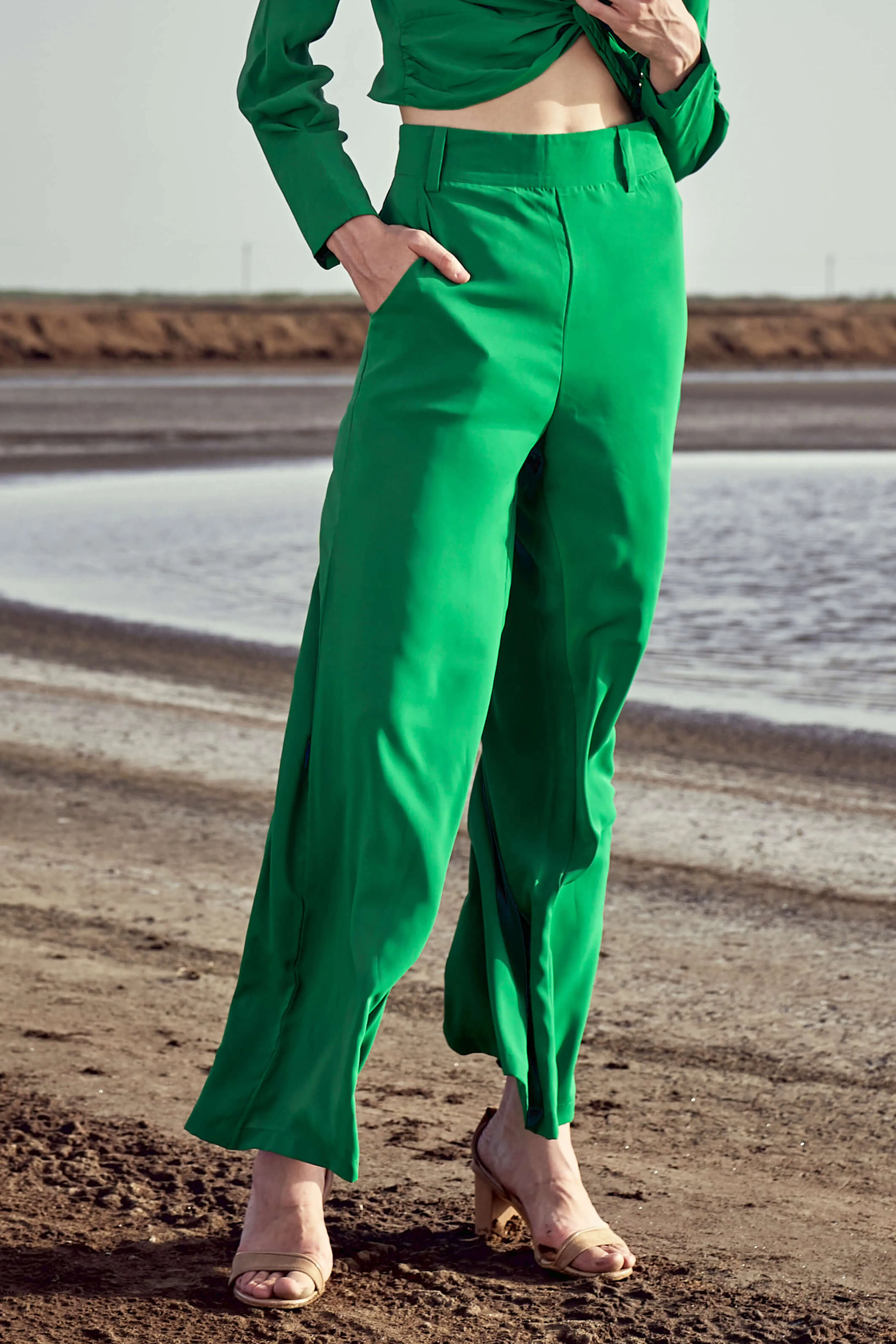 Green Wide Leg Flared Trouser