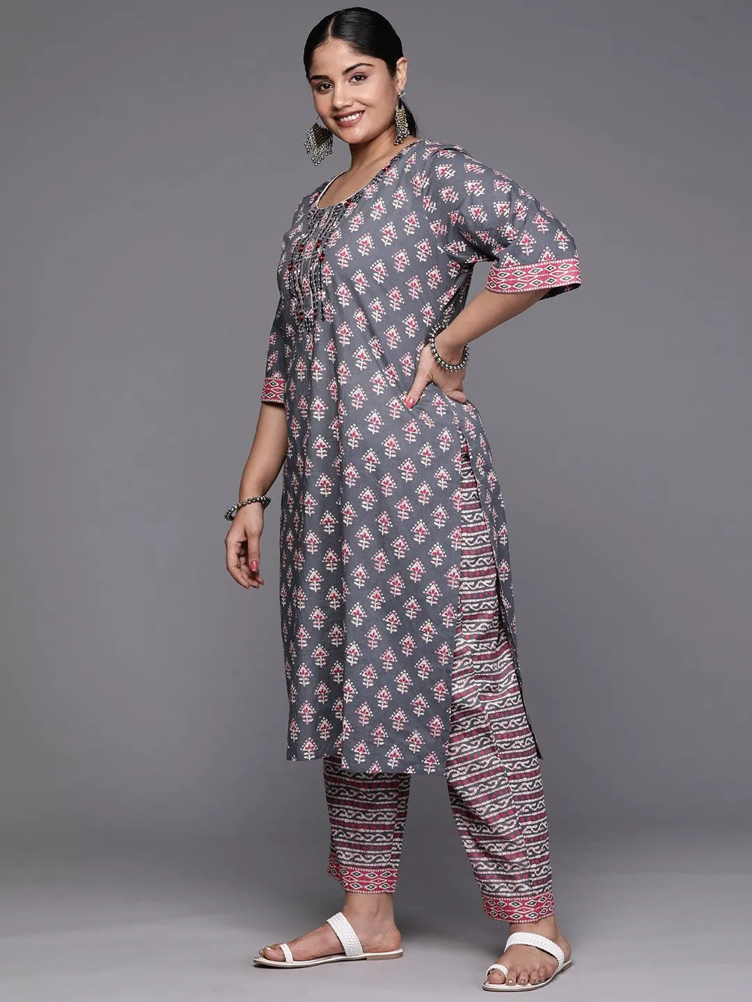 Grey Printed Cotton Straight Kurta With Trousers and Dupatta