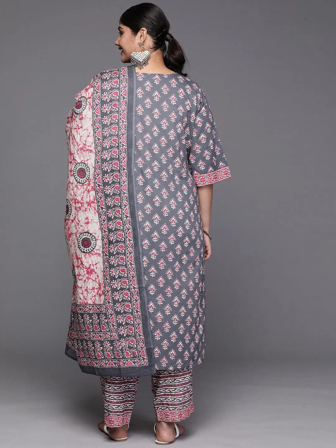 Grey Printed Cotton Straight Kurta With Trousers and Dupatta