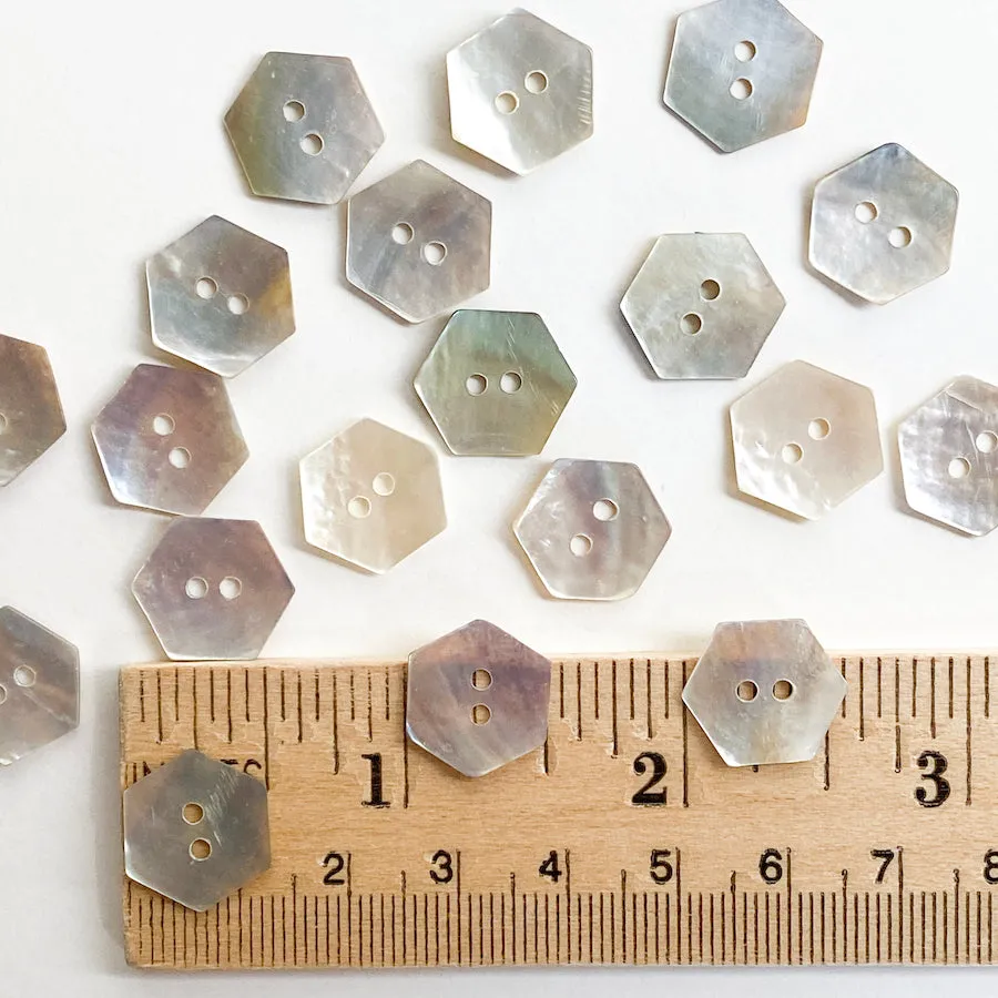 Hexagon Moonrise Mother of Pearl Buttons 1/2" / 9/16", Iridescent, Pack of 12 for $5.00  #LP-09/12