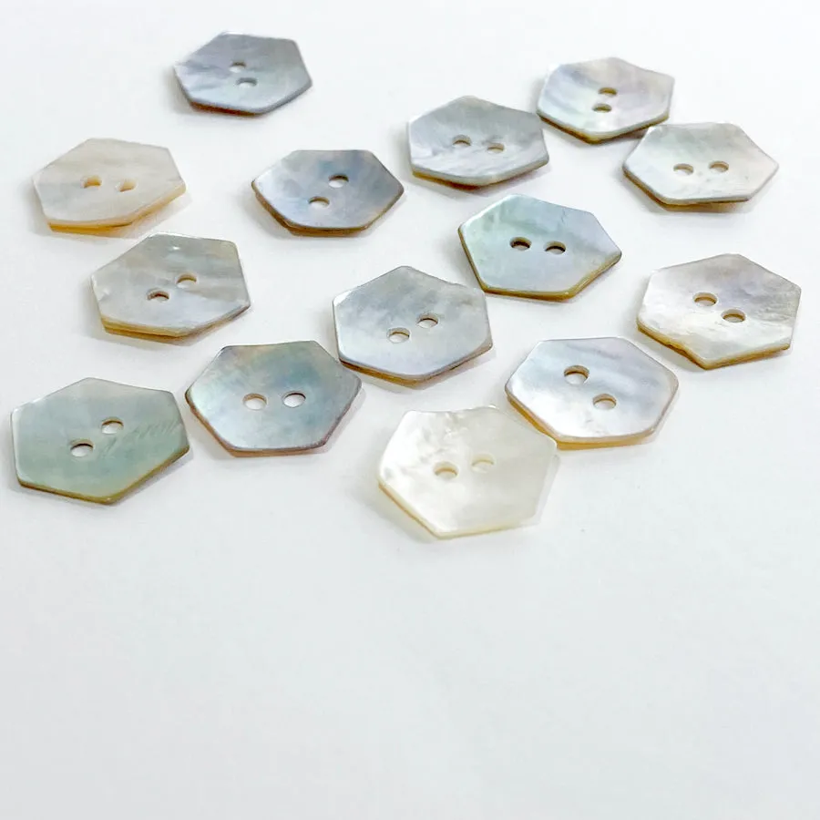 Hexagon Moonrise Mother of Pearl Buttons 1/2" / 9/16", Iridescent, Pack of 12 for $5.00  #LP-09/12