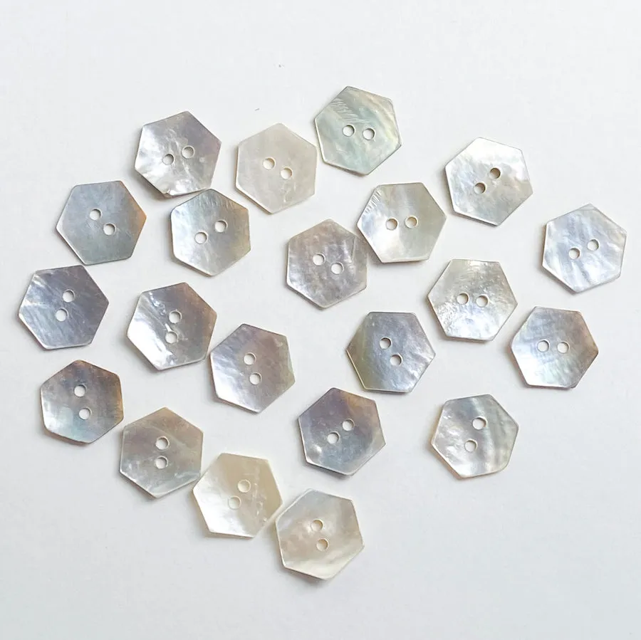 Hexagon Moonrise Mother of Pearl Buttons 1/2" / 9/16", Iridescent, Pack of 12 for $5.00  #LP-09/12