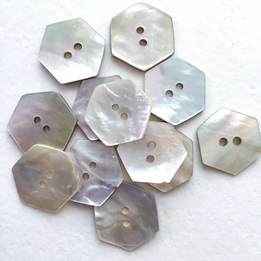 Hexagon Moonrise Mother of Pearl Buttons 1/2" / 9/16", Iridescent, Pack of 12 for $5.00  #LP-09/12